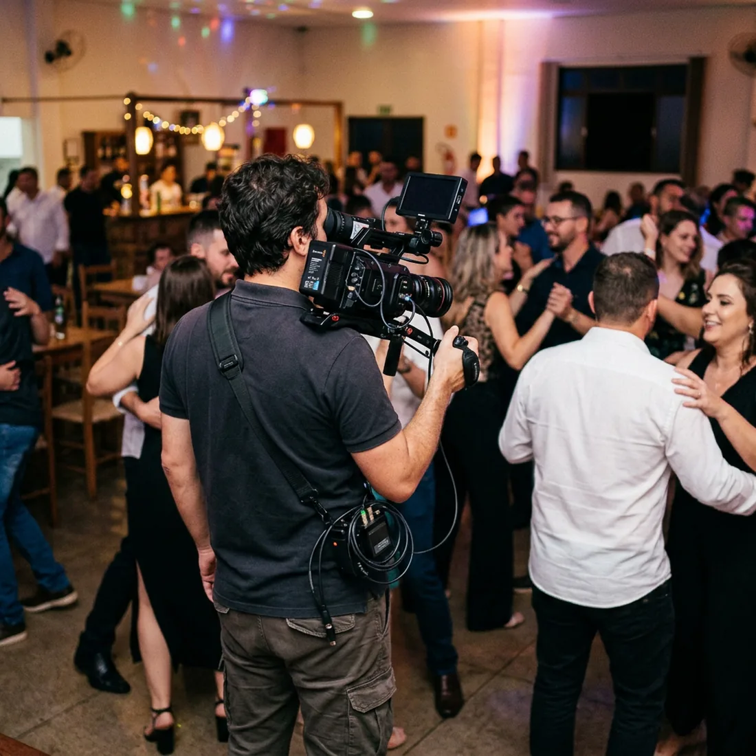 Cinegrafista com câmera no ombro durante um evento, em contraluz